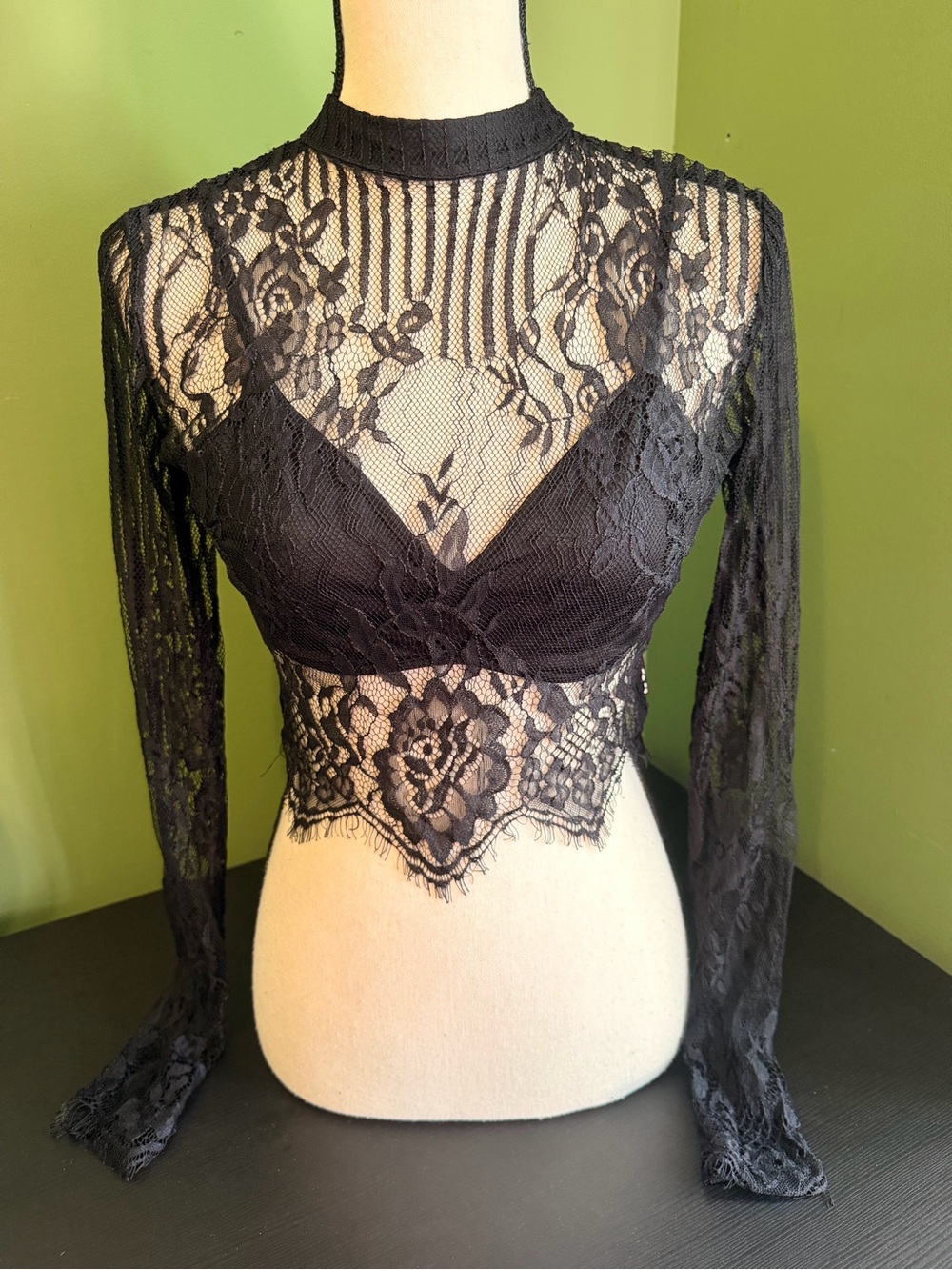 Revamped Black Lace Long-Sleeve Sheer Crop Bralette